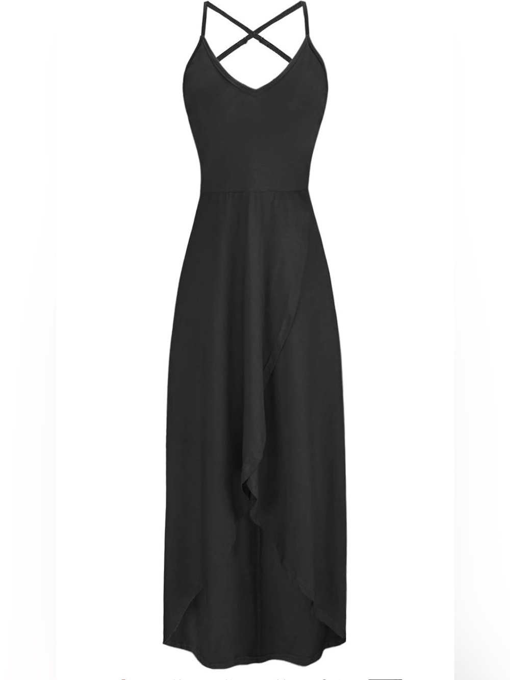 Black maxi dress with criss-cross straps and ruffle hem #maxi #eveningwear